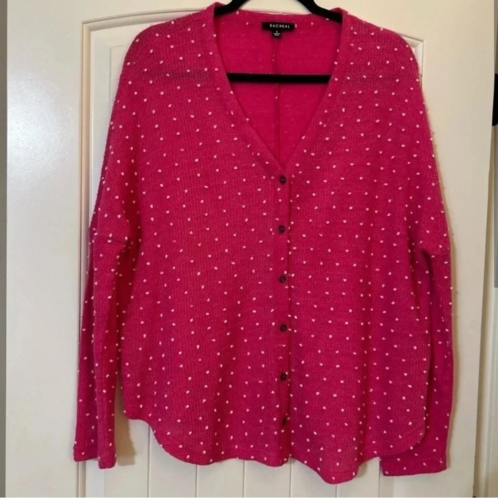 Racheal Hot Pink/White Polka Dot VNeck Cardigan. Twee. Mod. Preppy. Artsy.